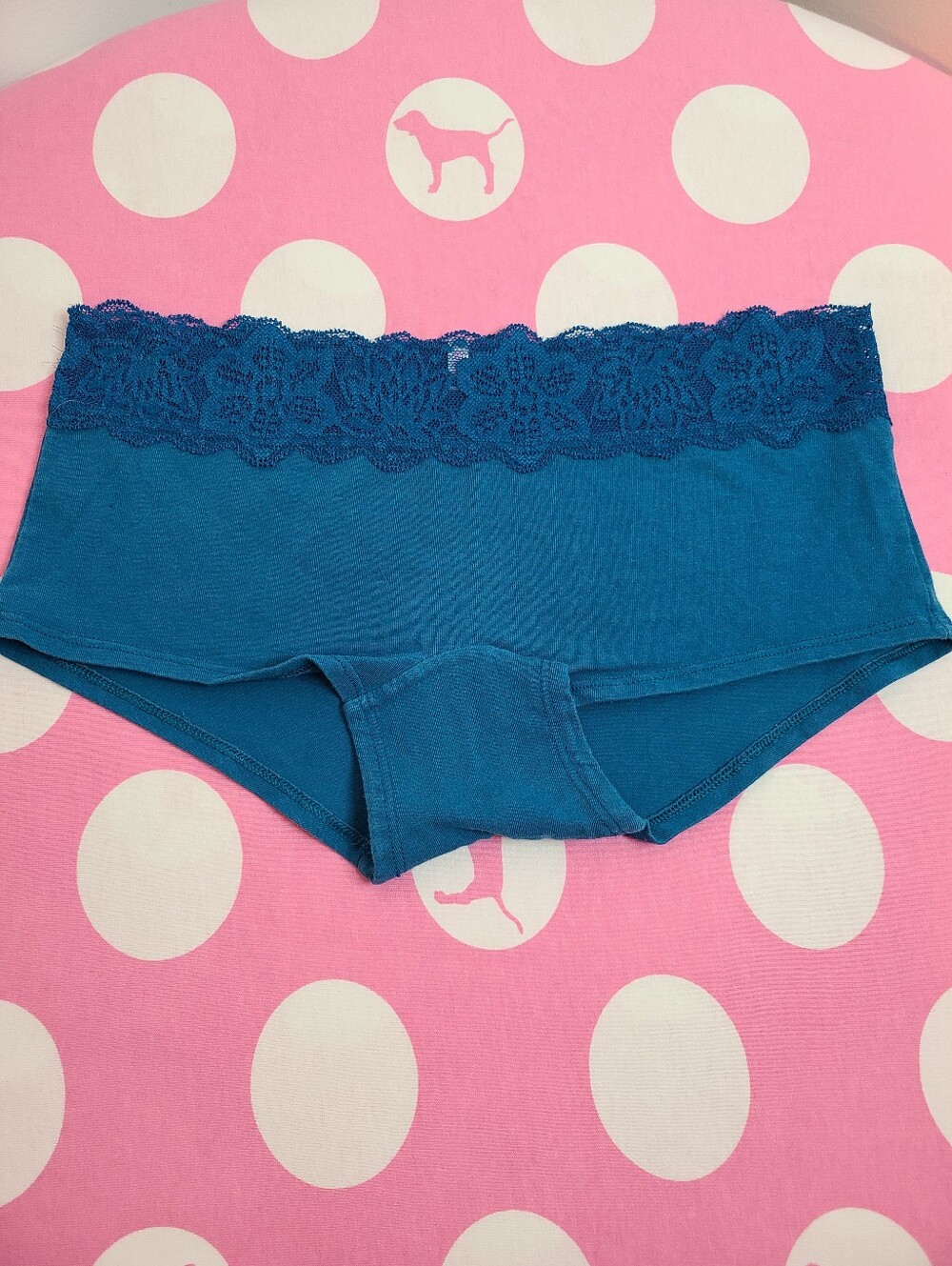 Retired VS PINK Lace Waist Cotton Low Rise Boyshort Panty Size Sm Blue Logo - Picture 3 of 6